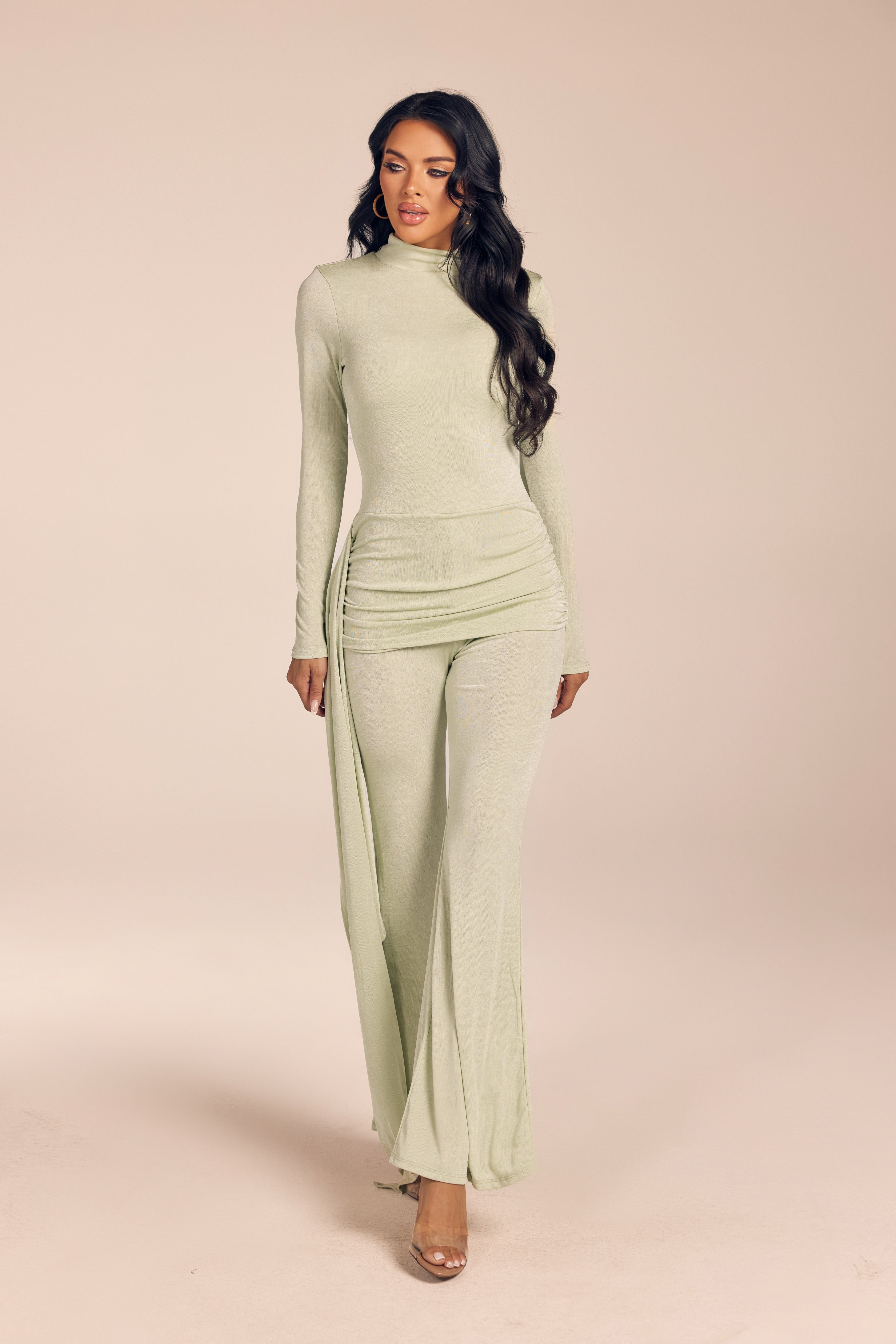 Shimmer Long Sleeve Mock Neck Jumpsuit with Side Drape Sash
