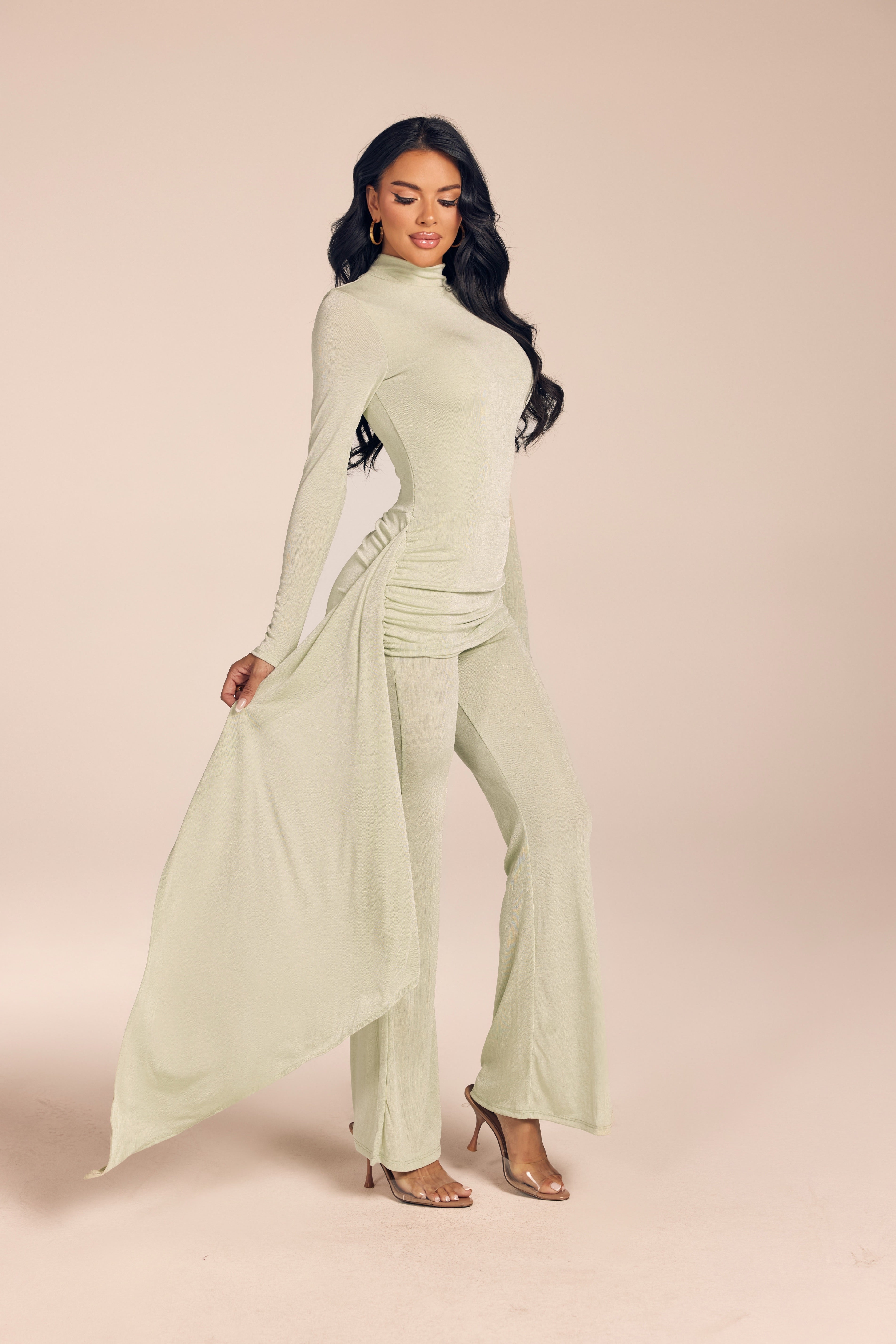 Shimmer Long Sleeve Mock Neck Jumpsuit with Side Drape Sash