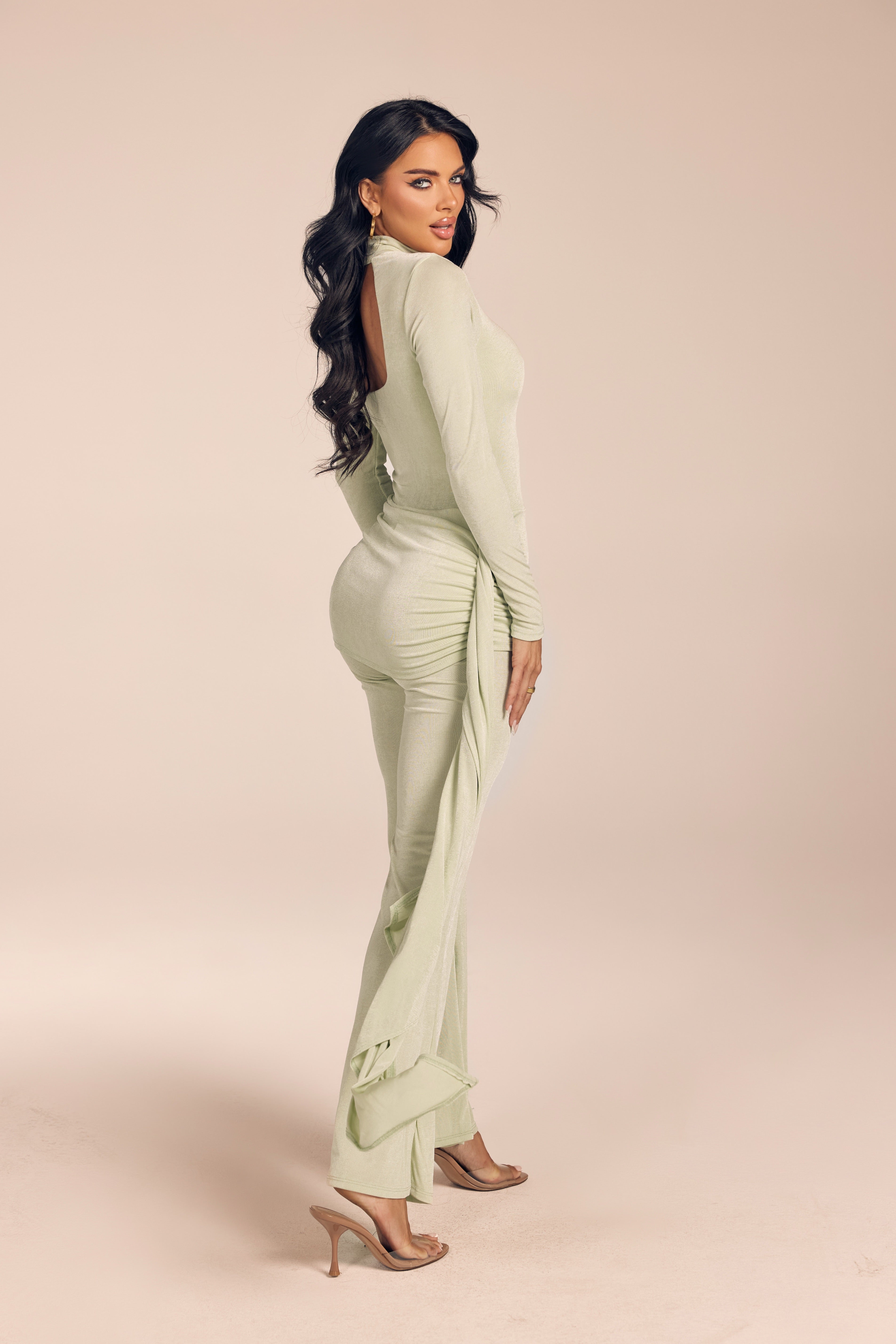 Shimmer Long Sleeve Mock Neck Jumpsuit with Side Drape Sash