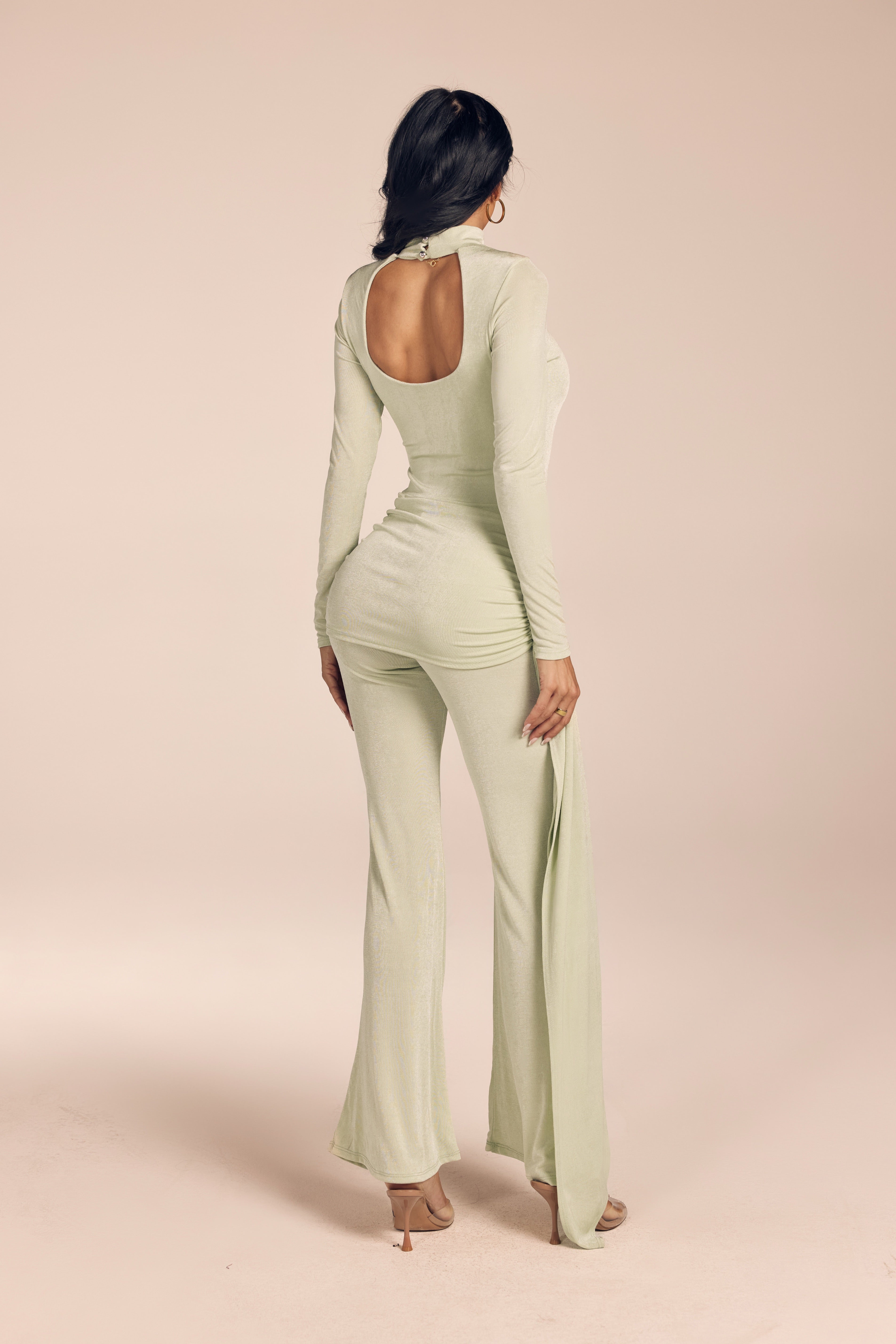 Shimmer Long Sleeve Mock Neck Jumpsuit with Side Drape Sash