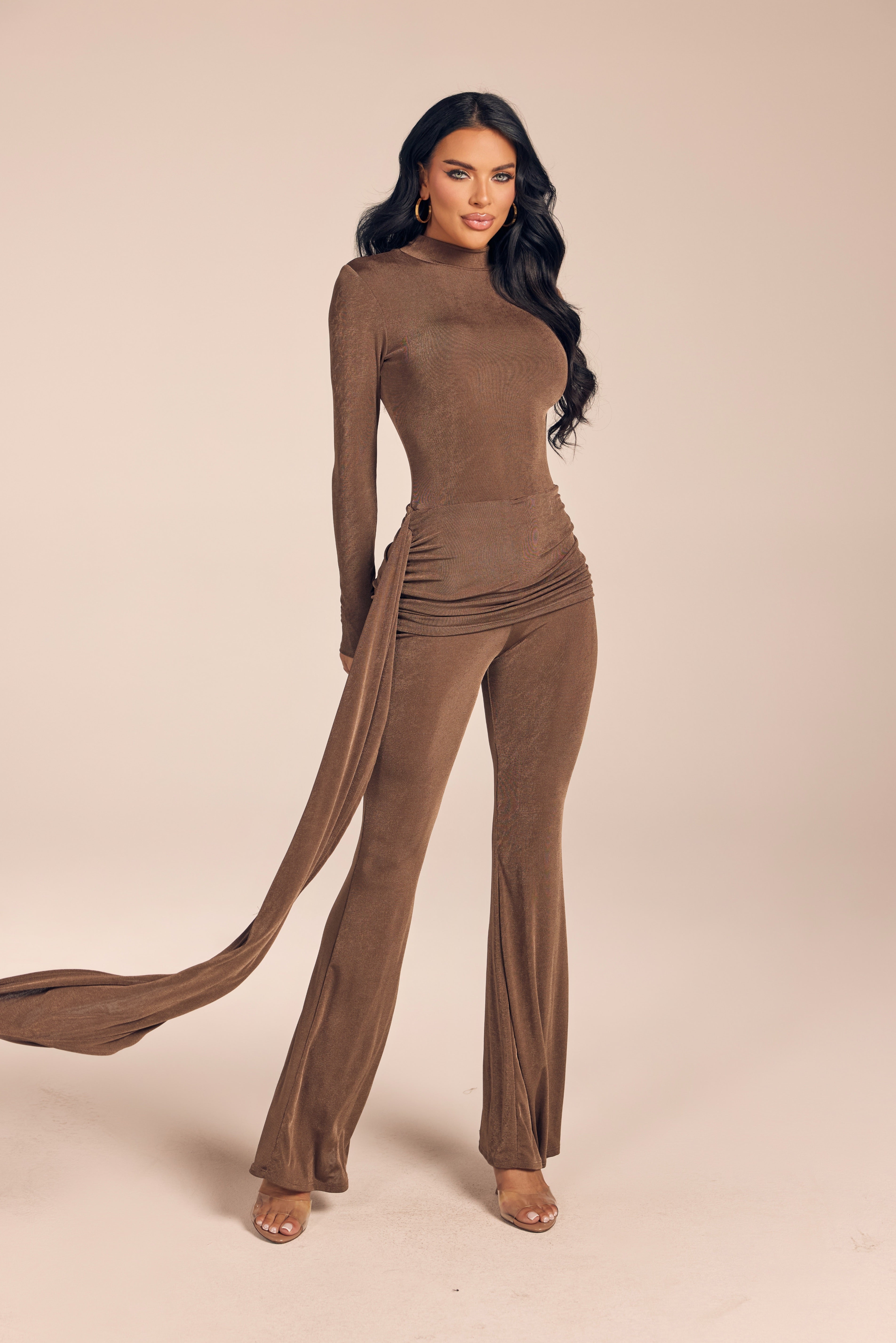 Shimmer Long Sleeve Mock Neck Jumpsuit with Side Drape Sash