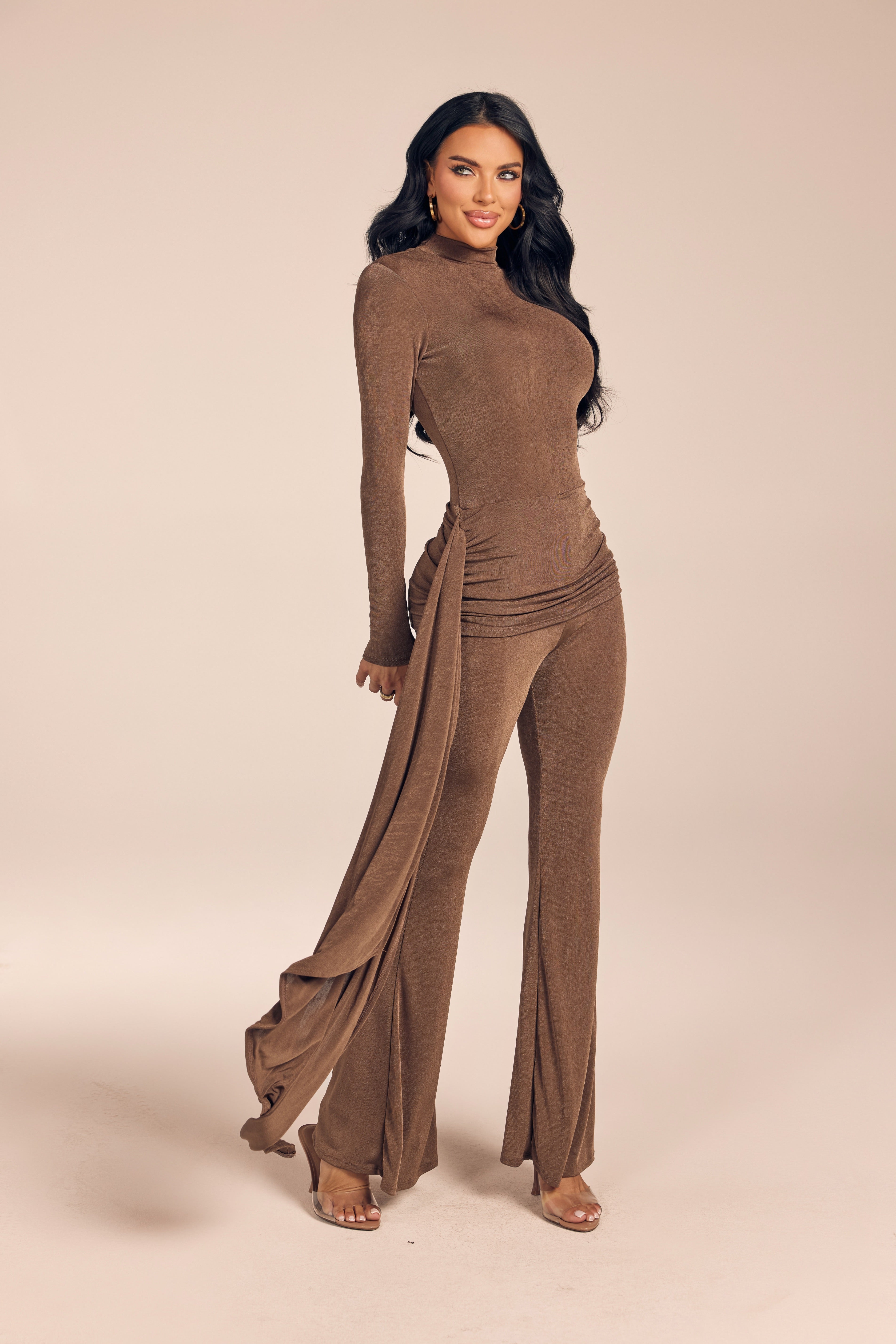 Shimmer Long Sleeve Mock Neck Jumpsuit with Side Drape Sash