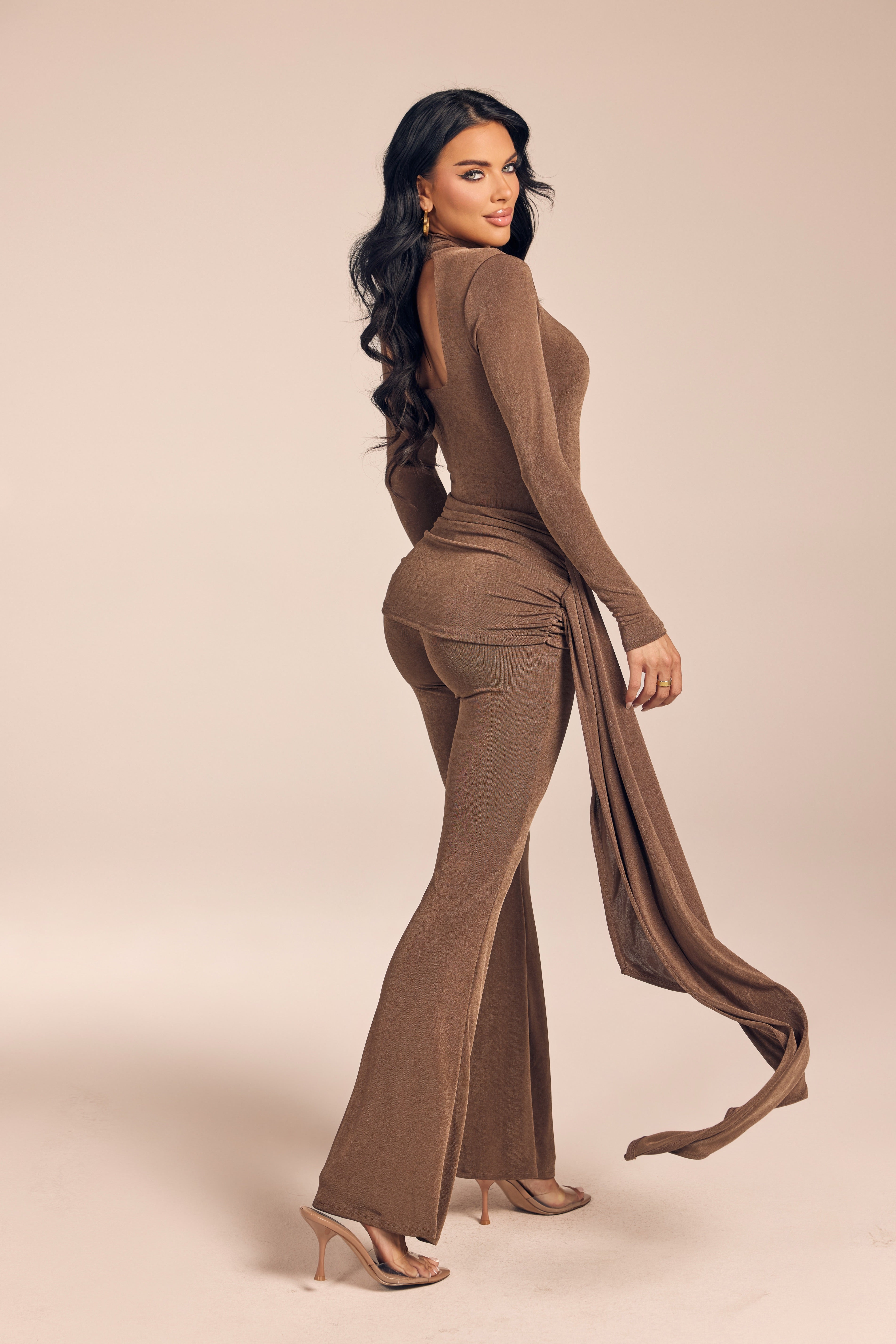 Shimmer Long Sleeve Mock Neck Jumpsuit with Side Drape Sash