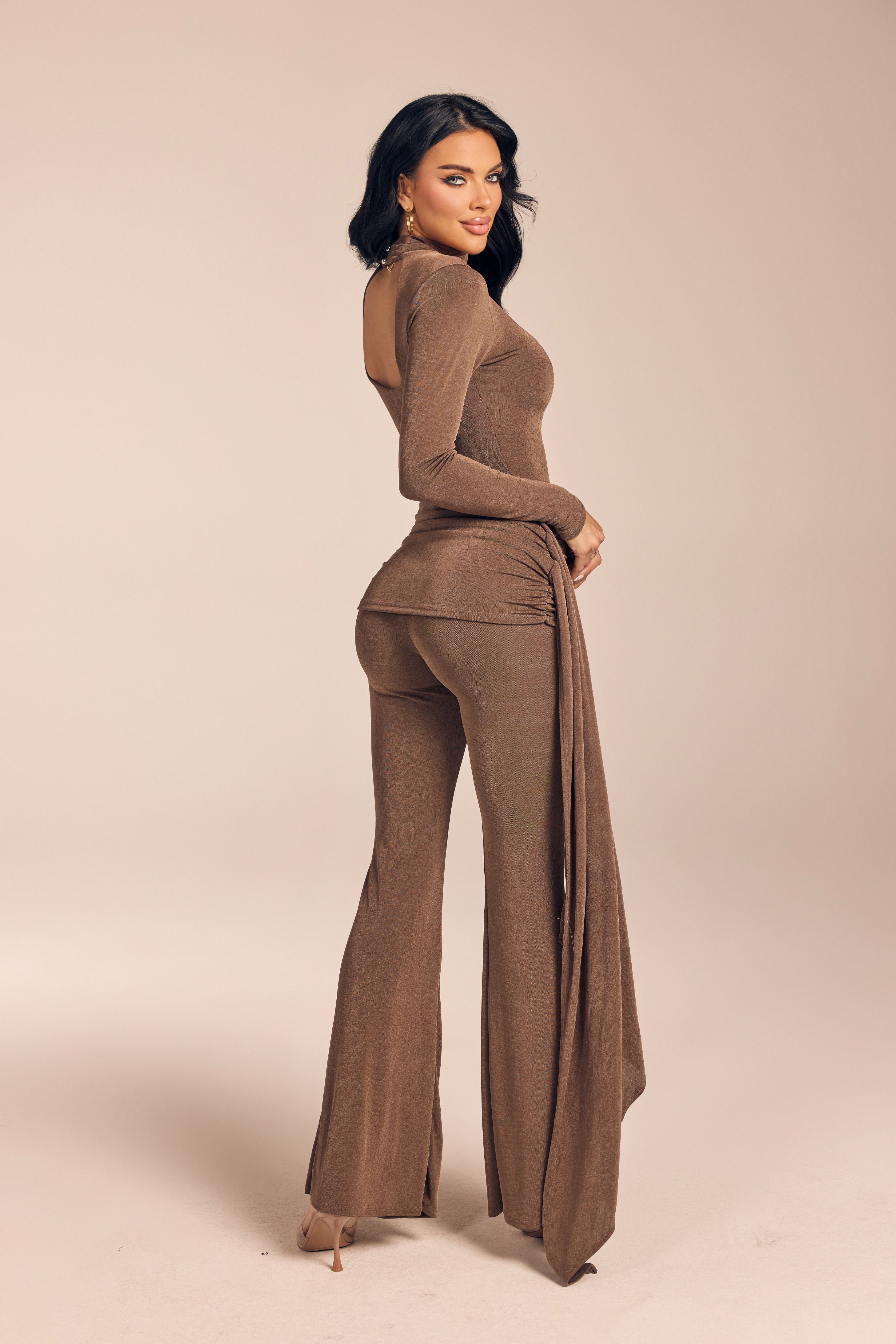 Shimmer Long Sleeve Mock Neck Jumpsuit with Side Drape Sash