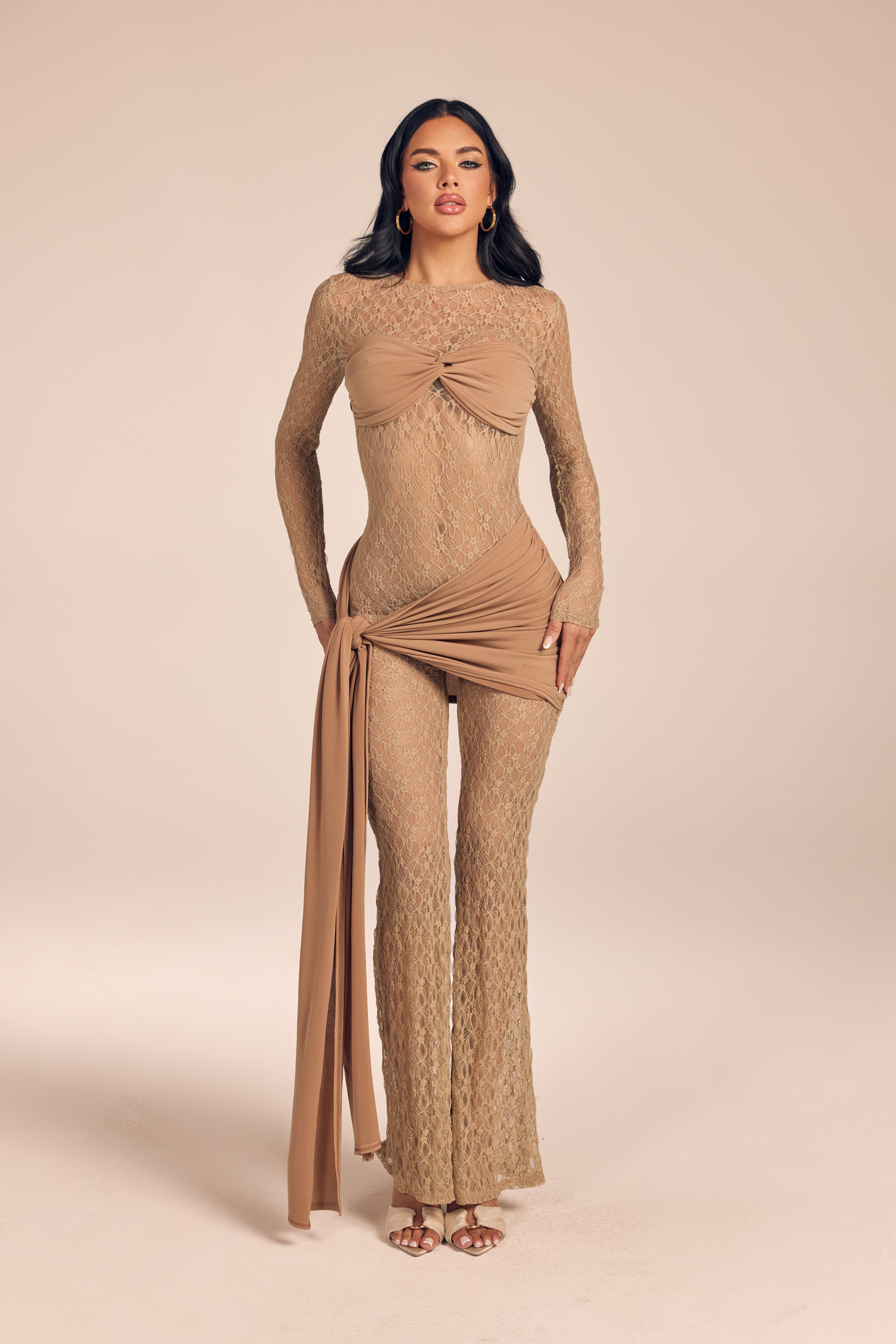 Floral Lace Flare Jumpsuit with Bust Overlay and Side Sash