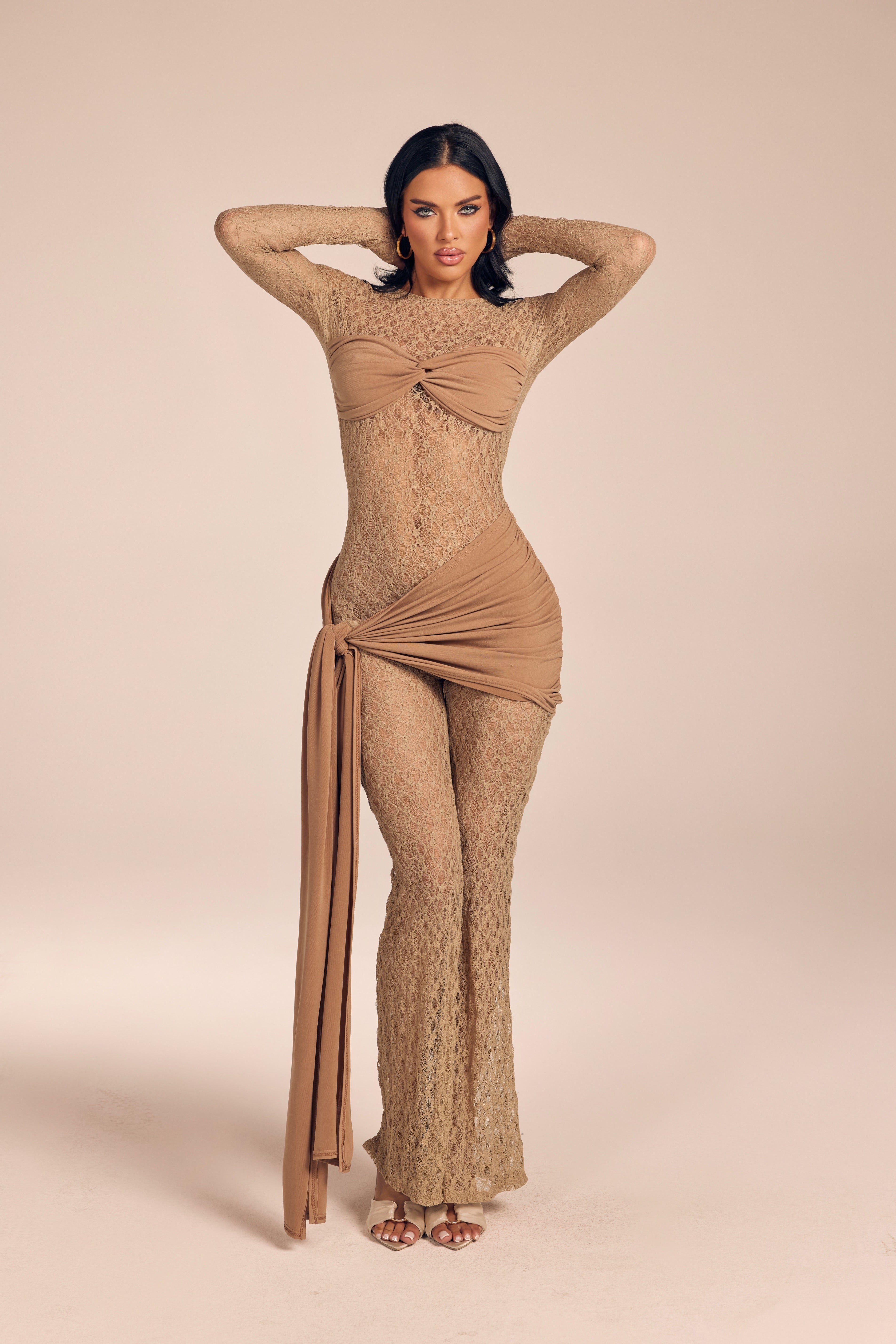Floral Lace Flare Jumpsuit with Bust Overlay and Side Sash