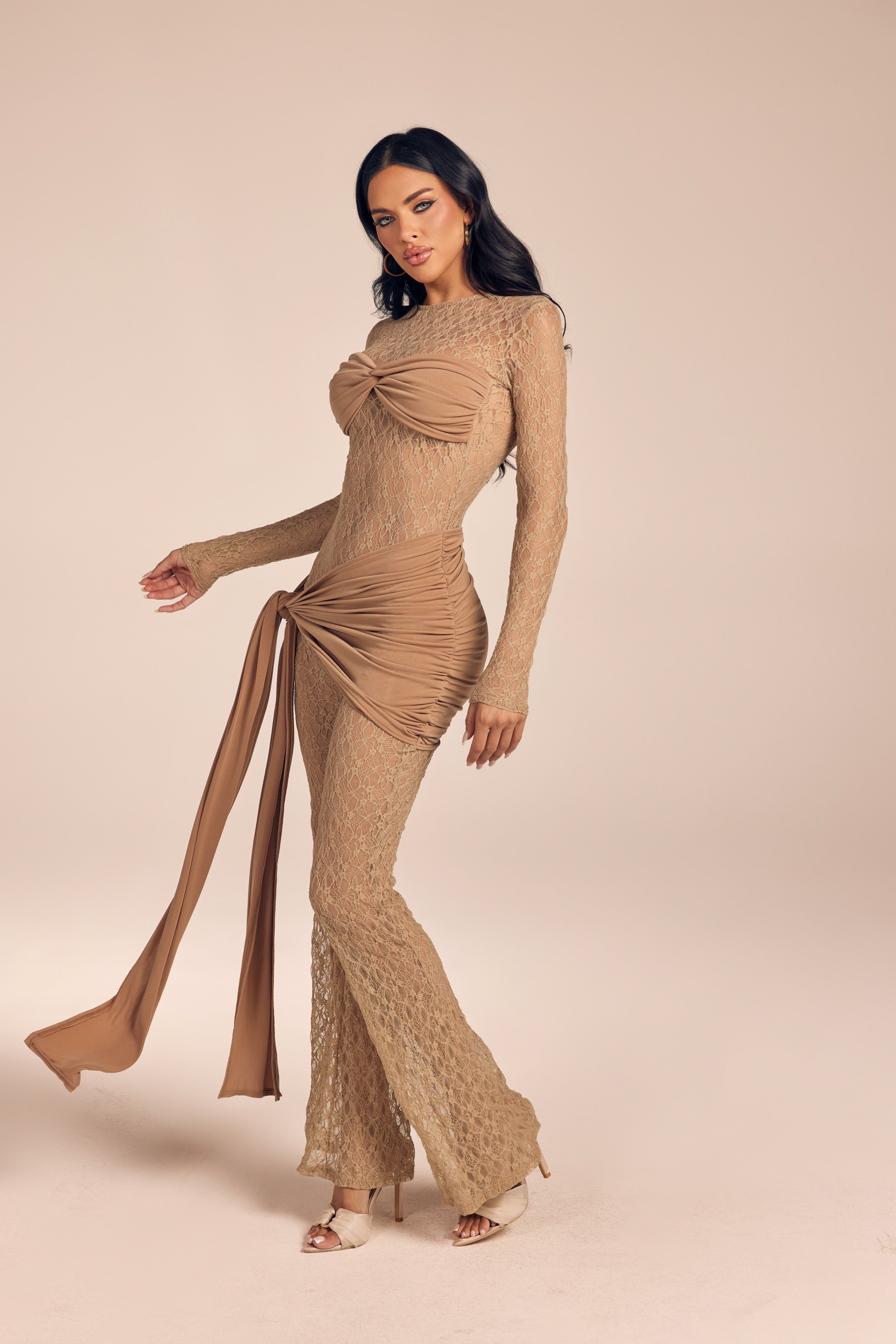 Floral Lace Flare Jumpsuit with Bust Overlay and Side Sash