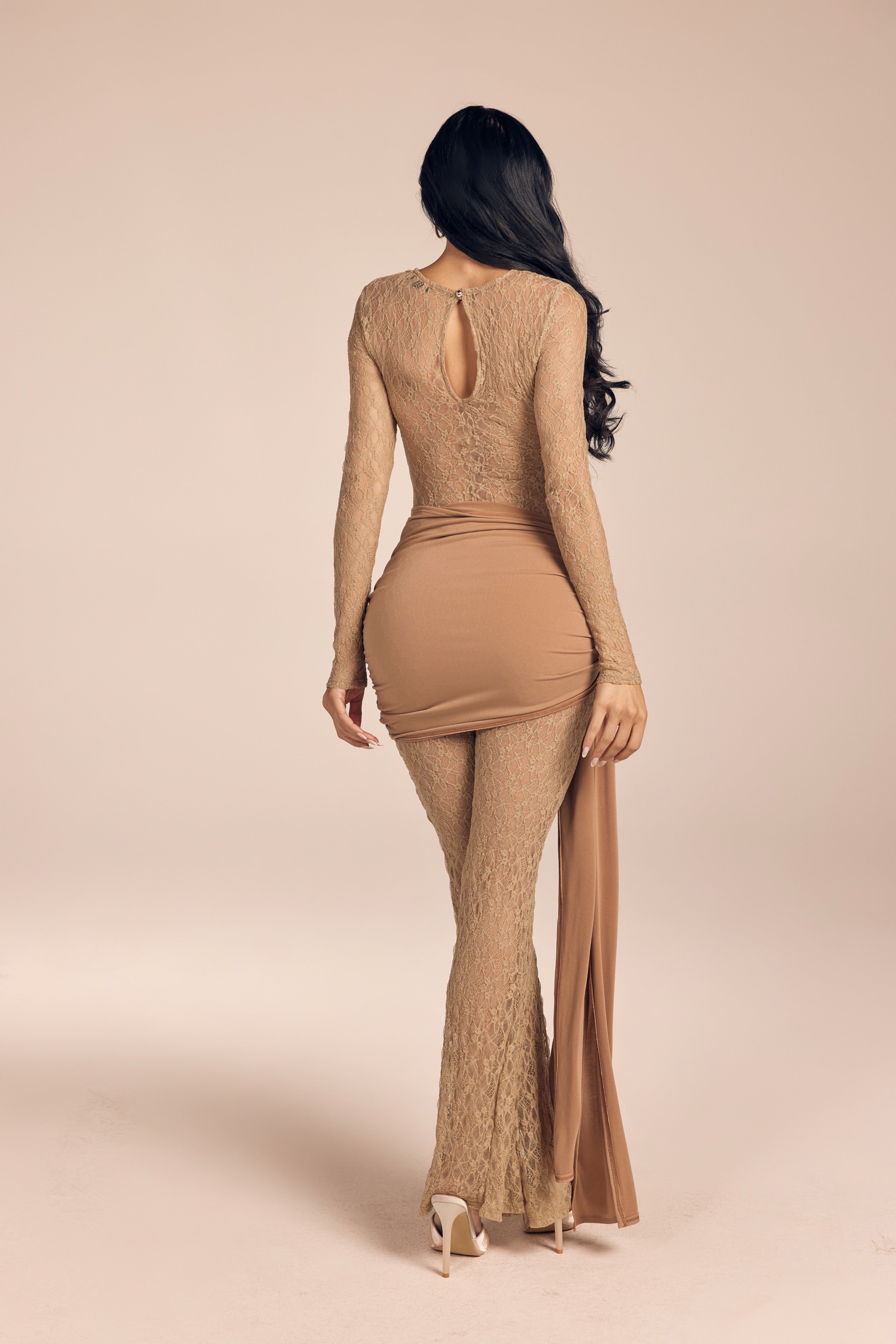 Floral Lace Flare Jumpsuit with Bust Overlay and Side Sash