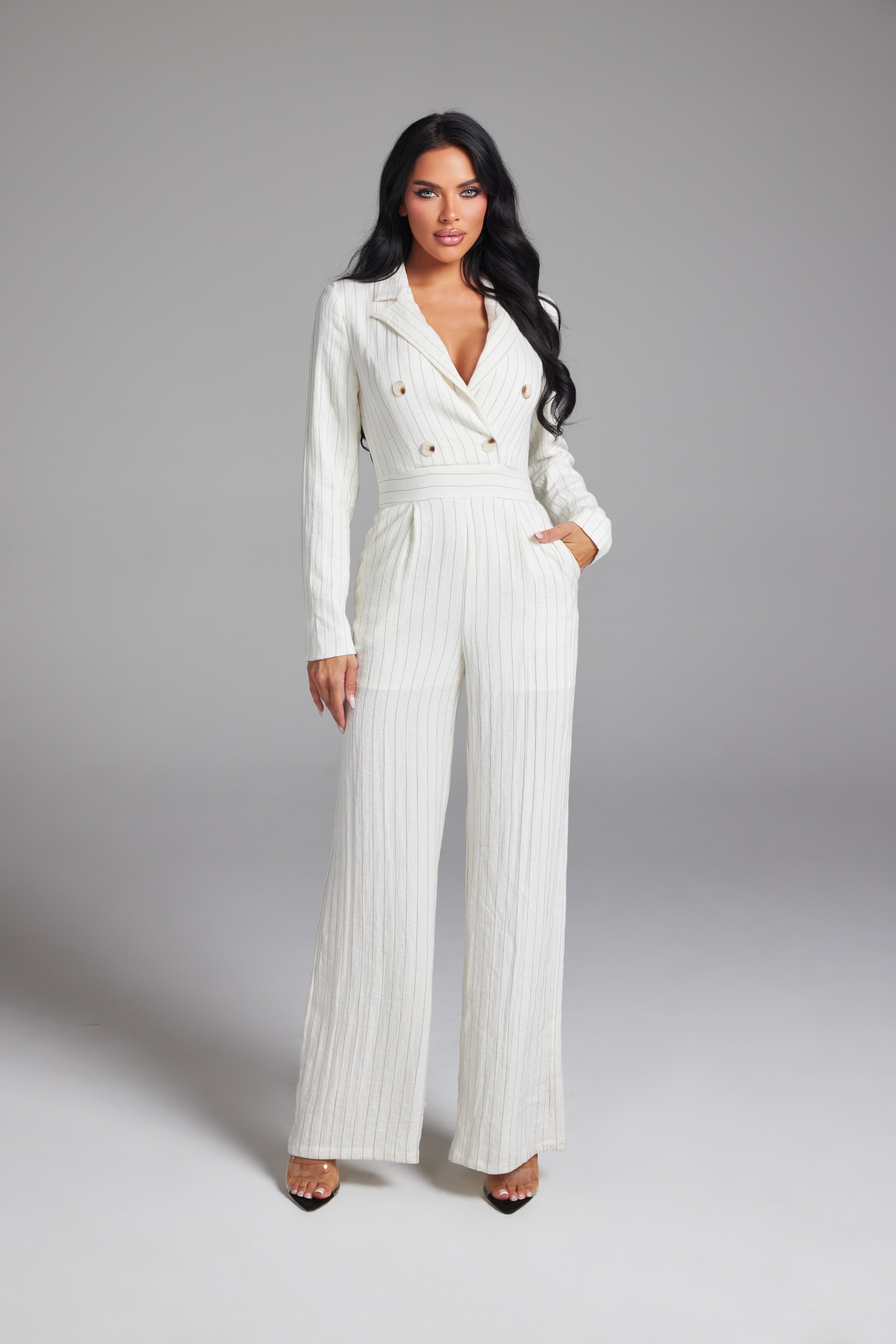Tailored Pinstripe Double-Breasted Long Sleeve Jumpsuit