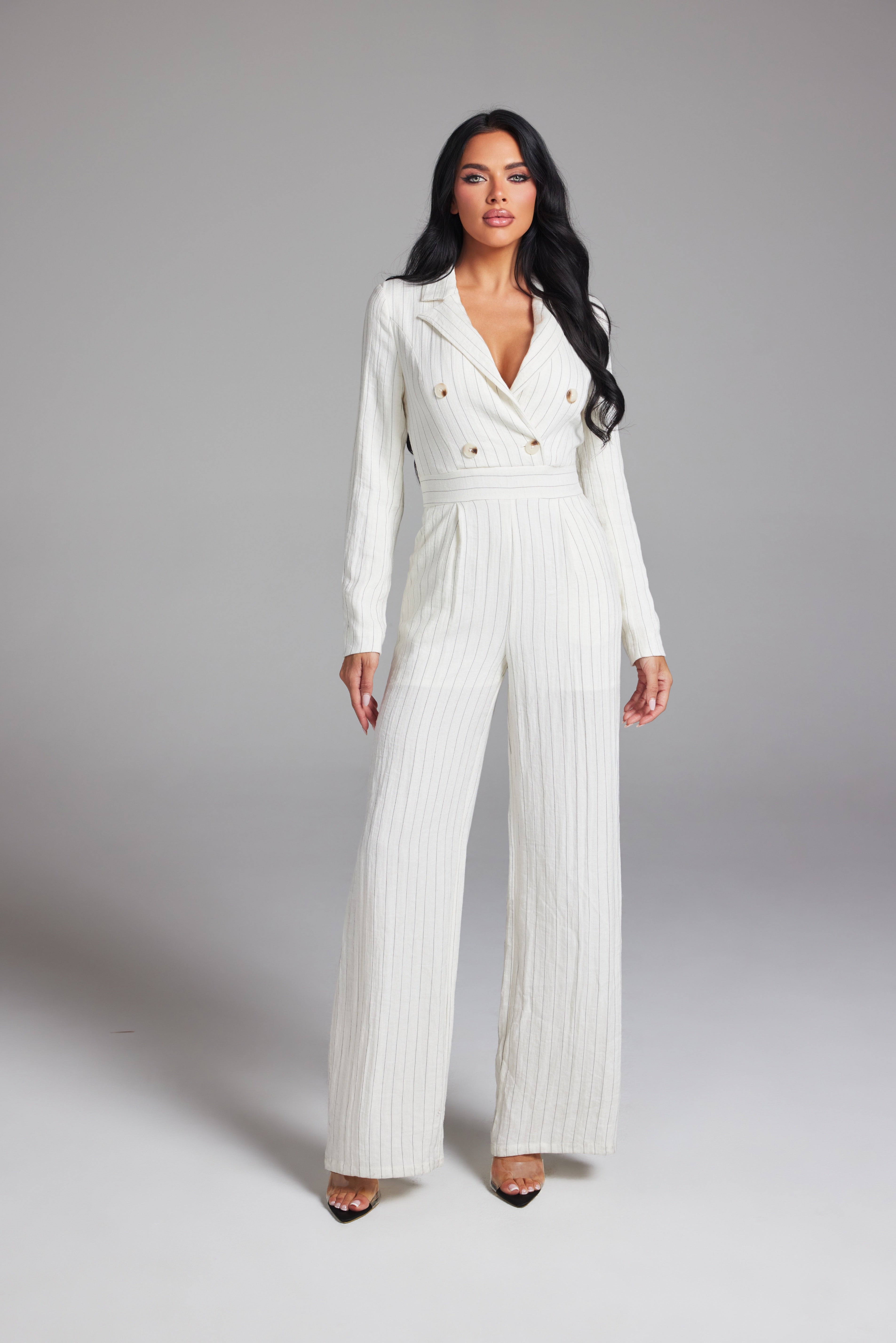 Tailored Pinstripe Double-Breasted Long Sleeve Jumpsuit