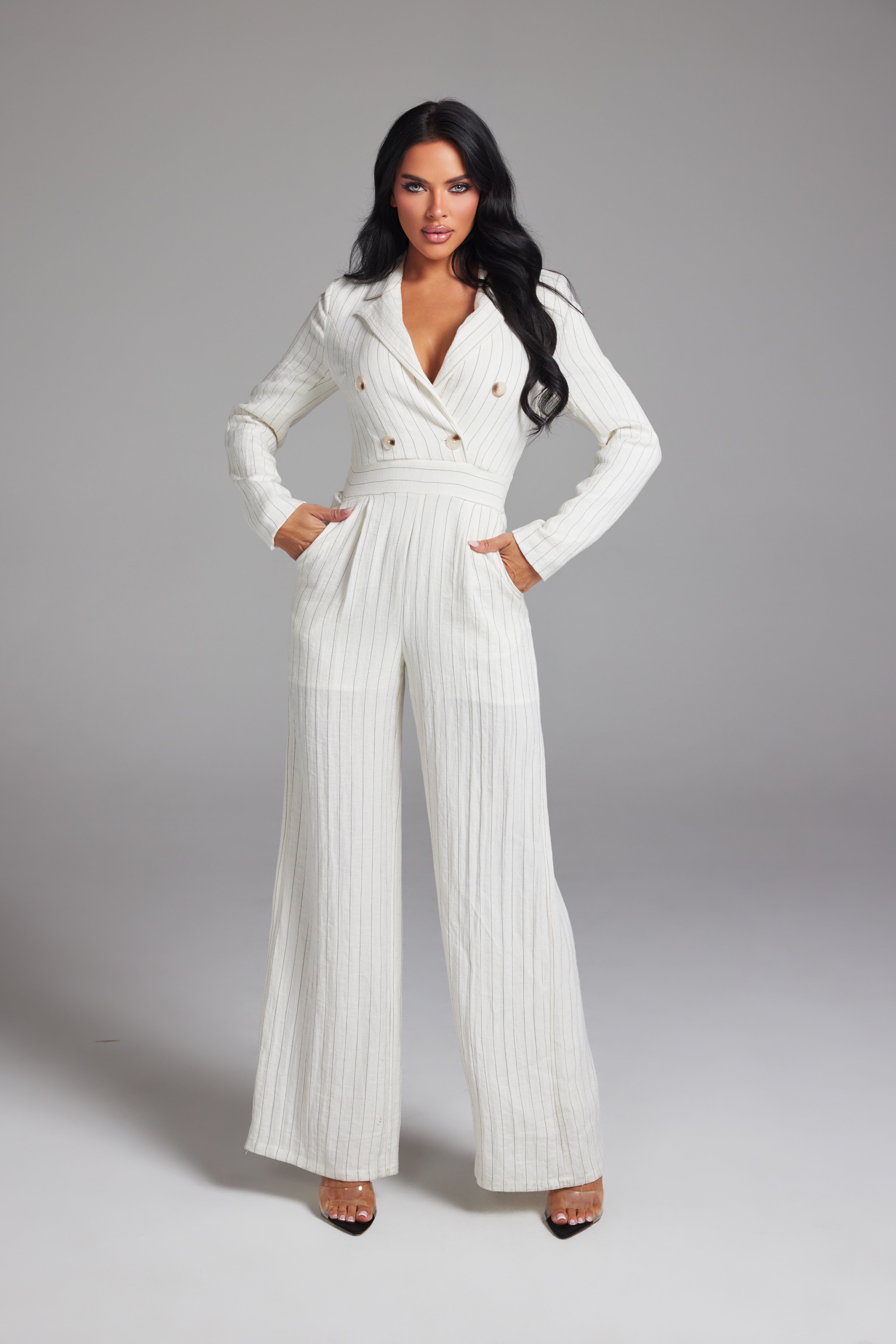 Tailored Pinstripe Double-Breasted Long Sleeve Jumpsuit
