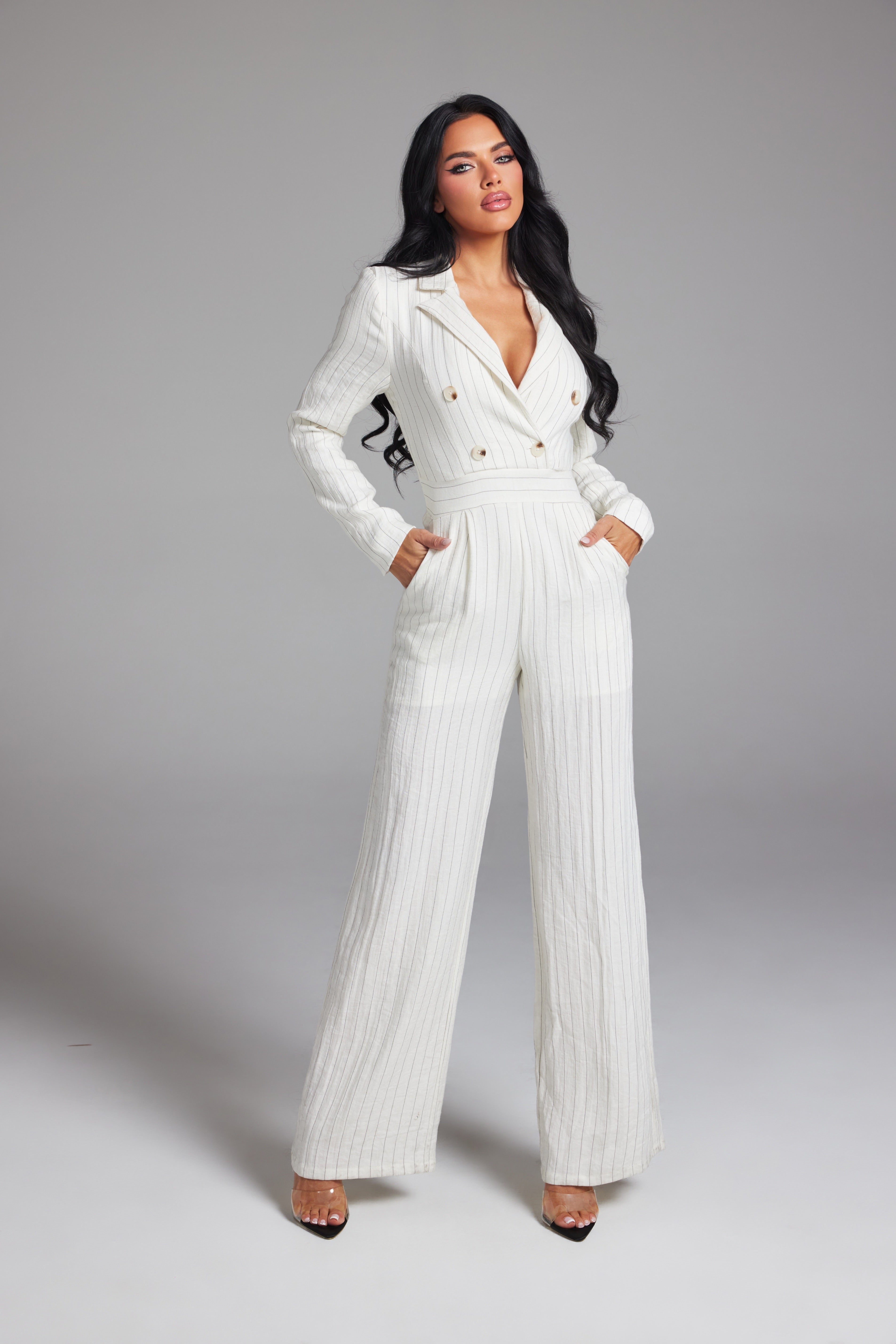 Tailored Pinstripe Double-Breasted Long Sleeve Jumpsuit