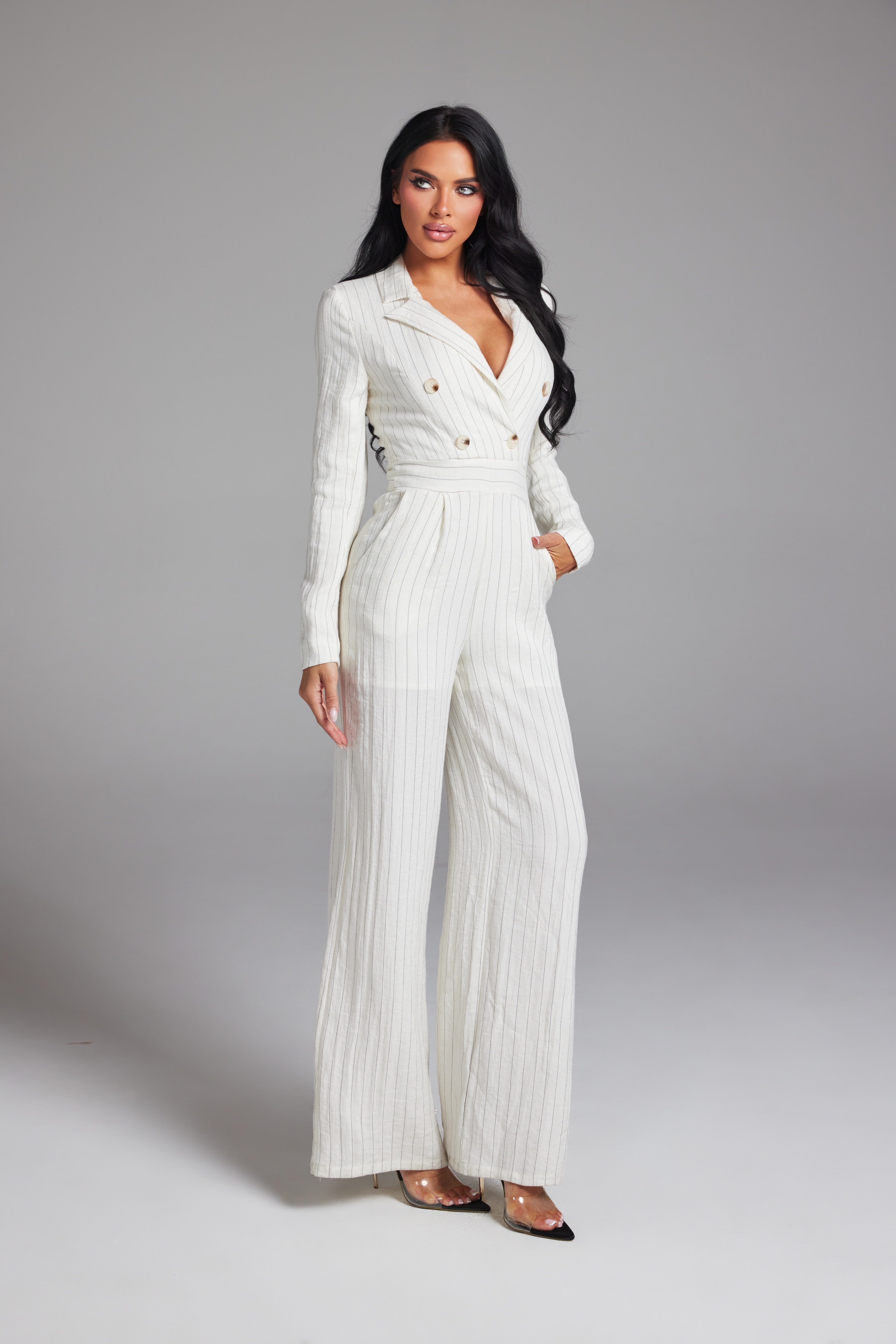 Tailored Pinstripe Double-Breasted Long Sleeve Jumpsuit