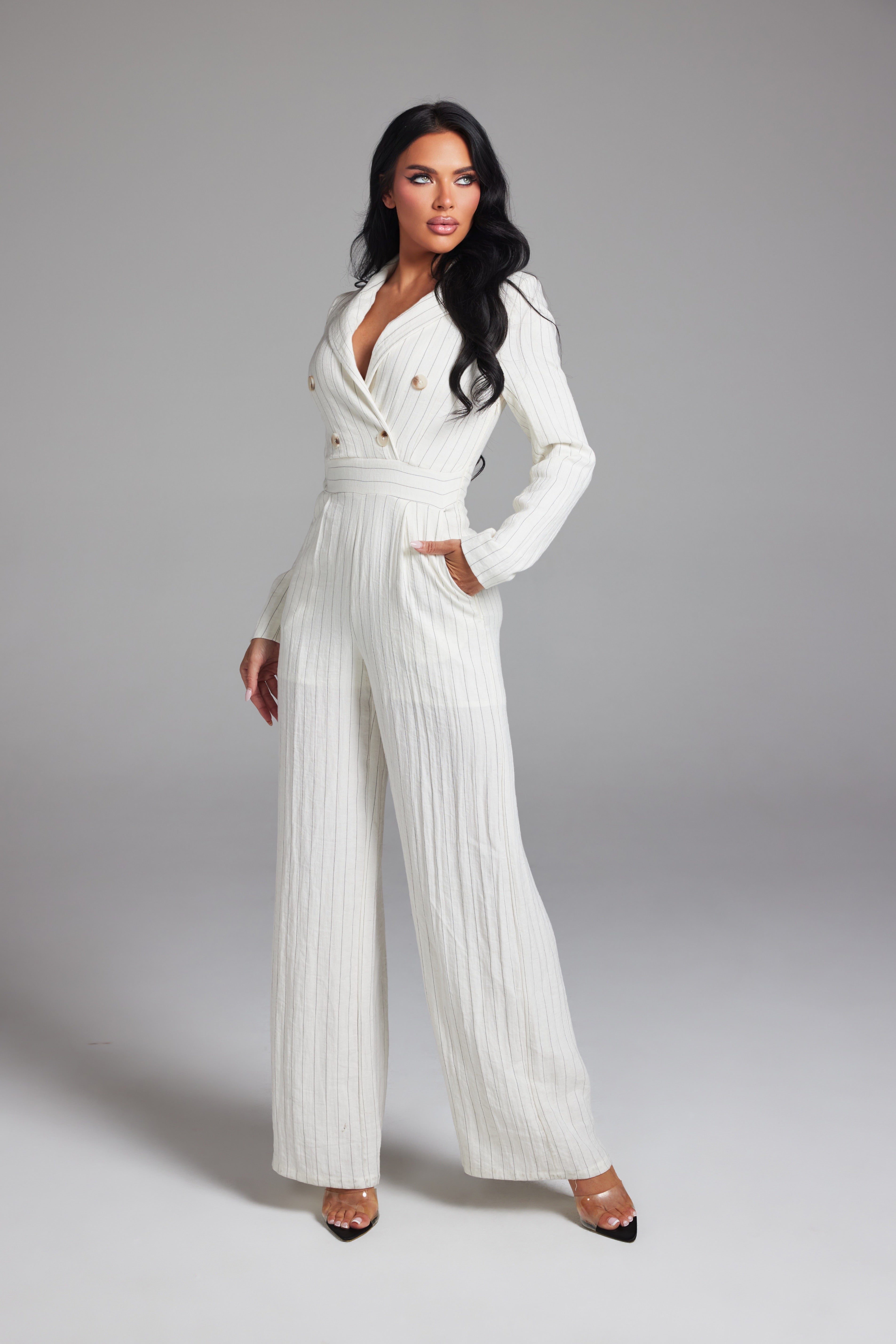 Tailored Pinstripe Double-Breasted Long Sleeve Jumpsuit