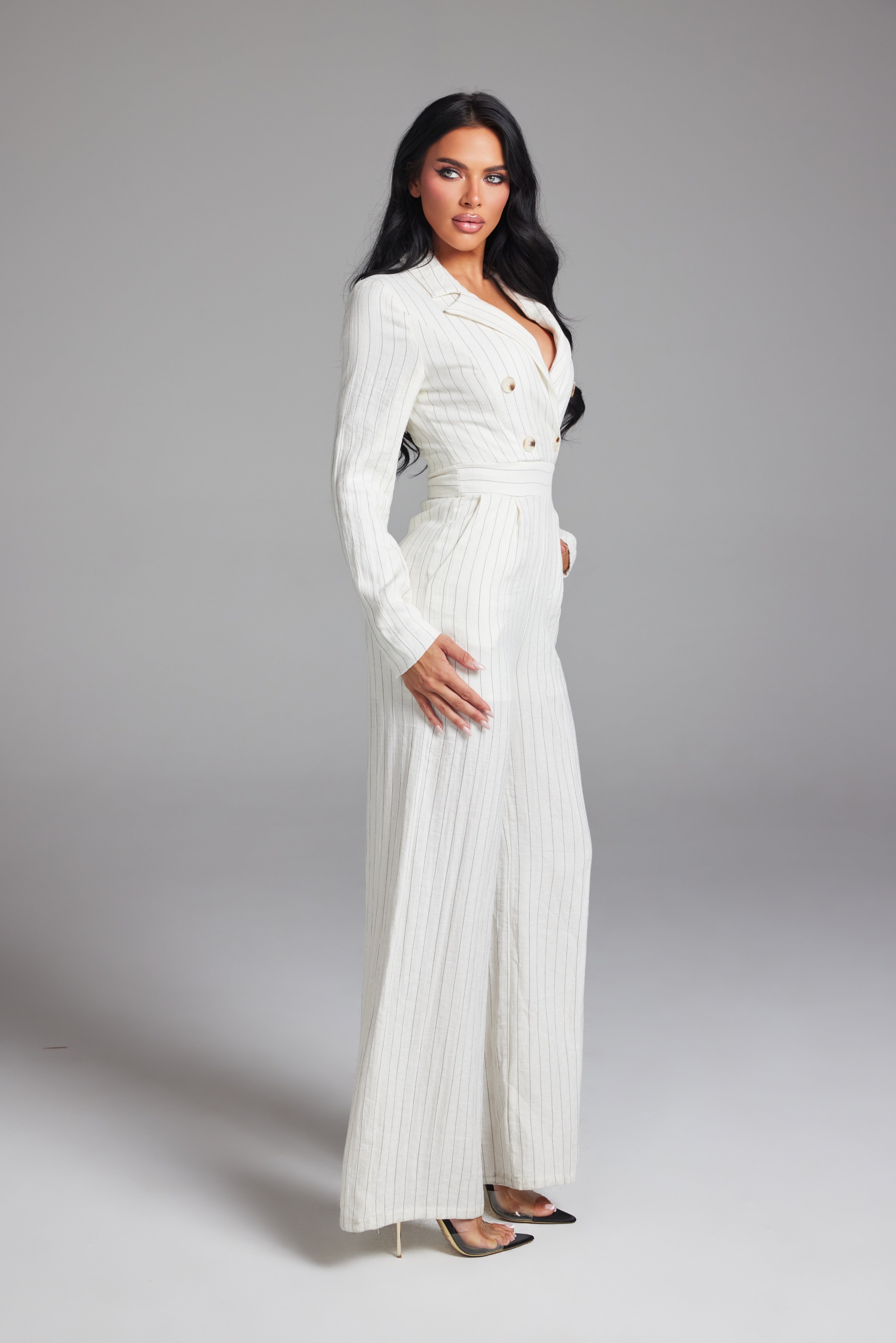 Tailored Pinstripe Double-Breasted Long Sleeve Jumpsuit