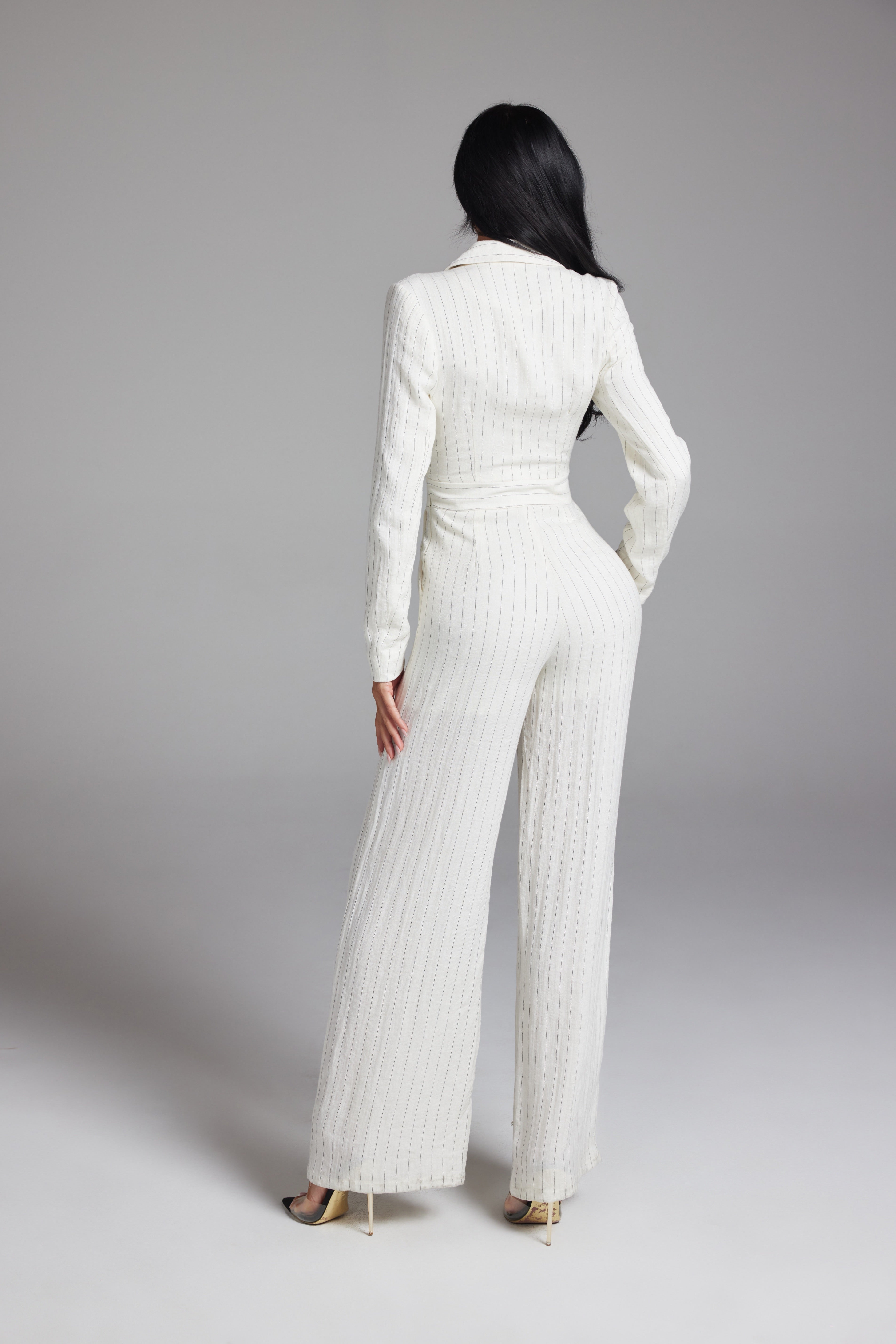 Tailored Pinstripe Double-Breasted Long Sleeve Jumpsuit