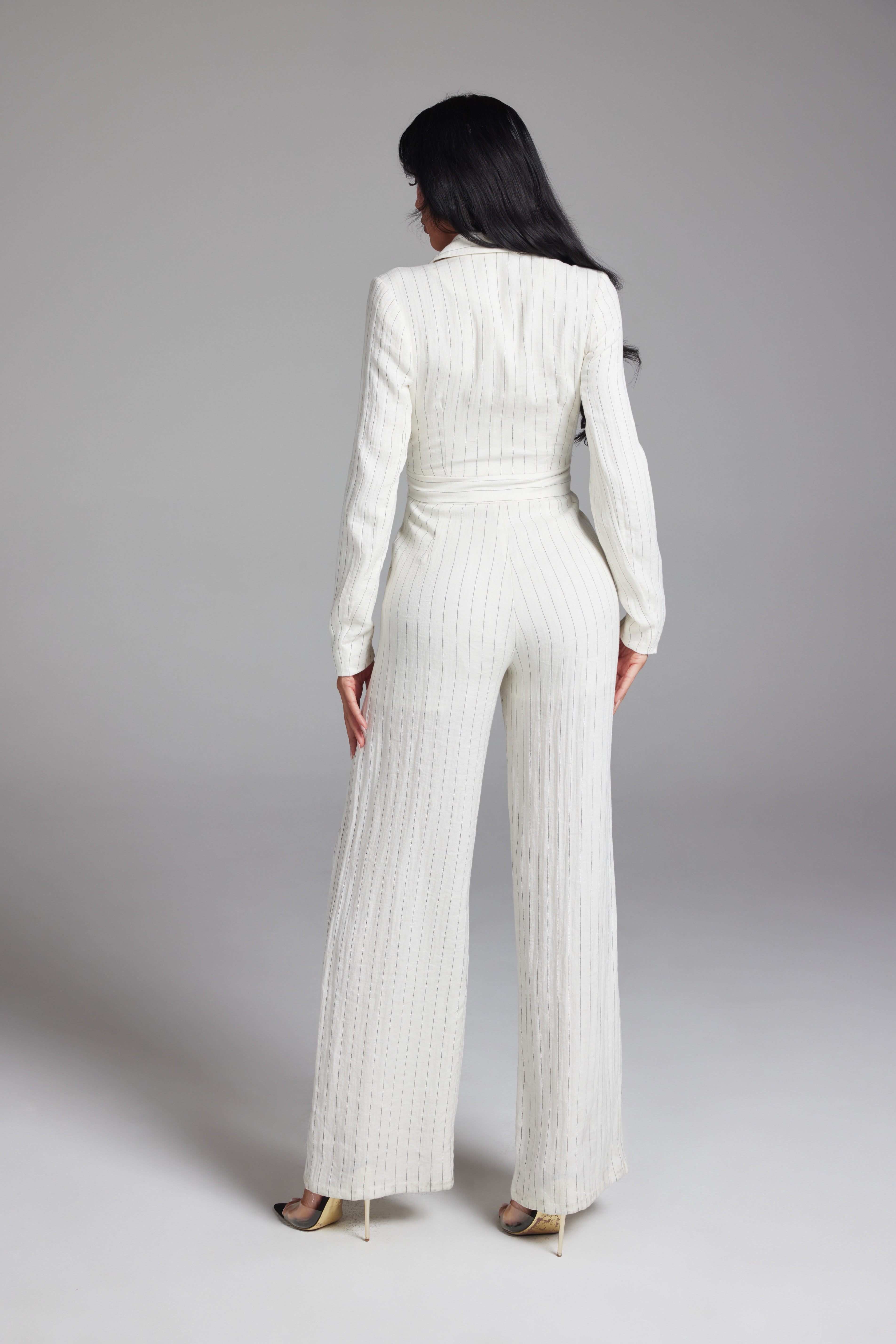 Tailored Pinstripe Double-Breasted Long Sleeve Jumpsuit