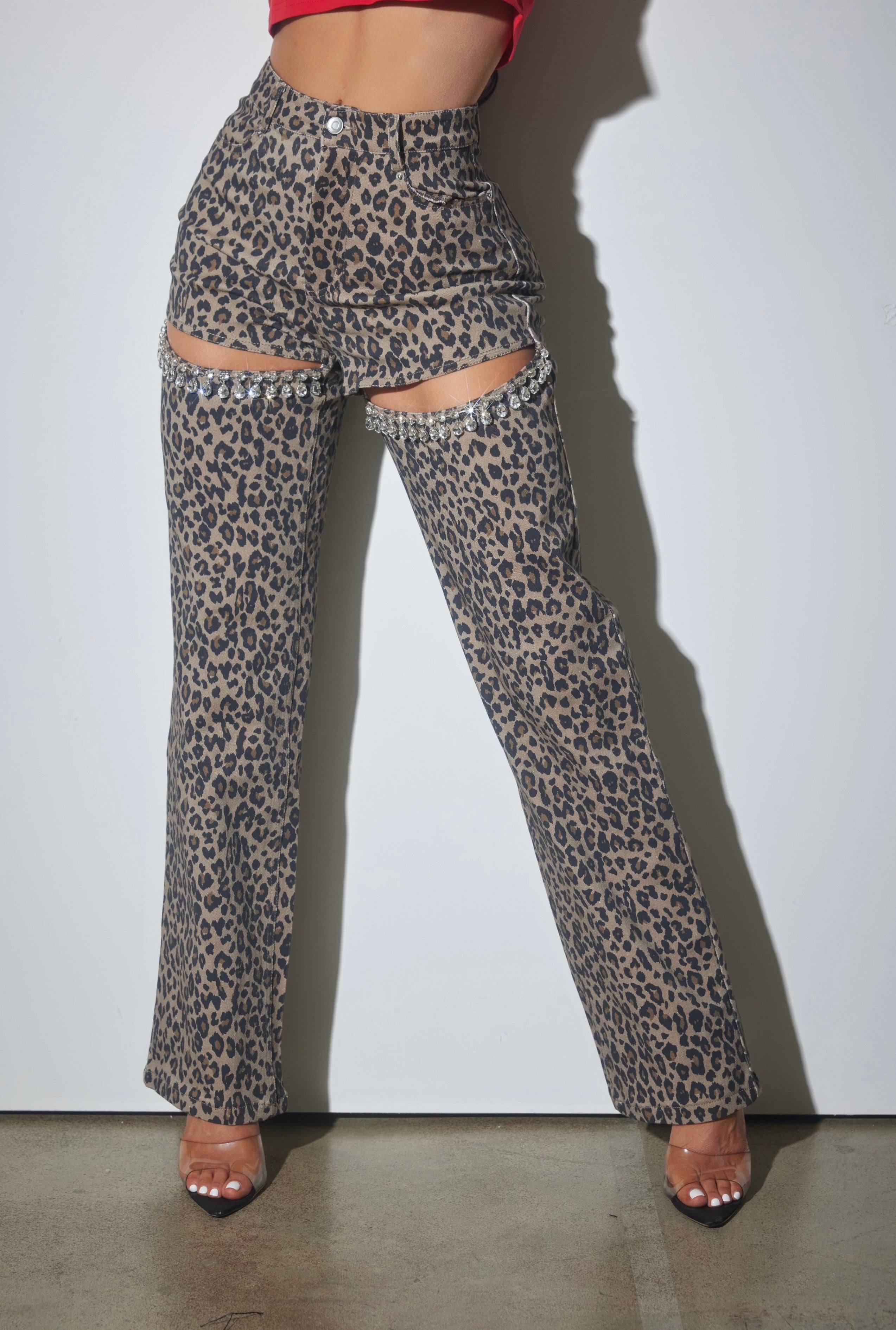 Rhinestone Cutout Animal Print Denim