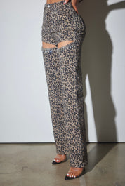 Rhinestone Cutout Animal Print Denim