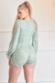 Long Sleeve Feather Cuff Sequin Romper