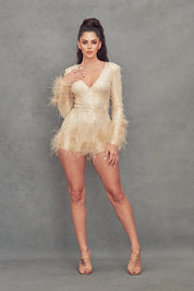 Long Sleeve Ostrich Feather Sequin Romper