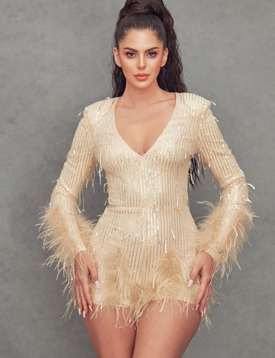 Long Sleeve Ostrich Feather Sequin Romper