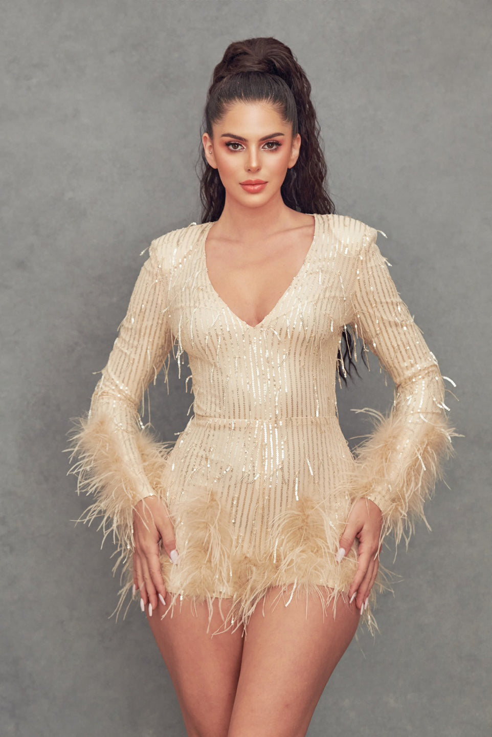 Long Sleeve Ostrich Feather Sequin Romper