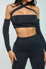 2 Pc Long Sleeve Cross Halter Crop Top and Legging Set