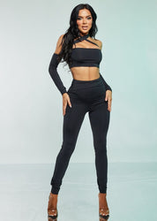 2 Pc Long Sleeve Cross Halter Crop Top and Legging Set