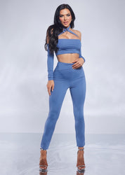 2 Pc Long Sleeve Cross Halter Crop Top and Legging Set