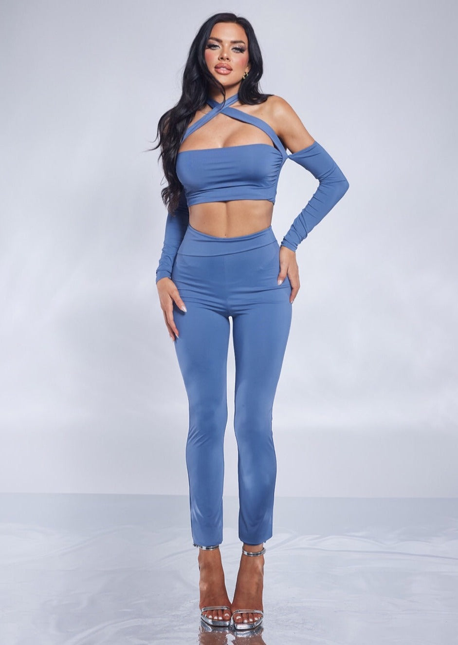 2 Pc Long Sleeve Cross Halter Crop Top and Legging Set