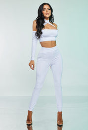 2 Pc Long Sleeve Cross Halter Crop Top and Legging Set