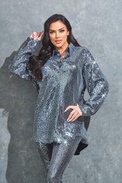 Sequin Long Sleeve Button Up Top