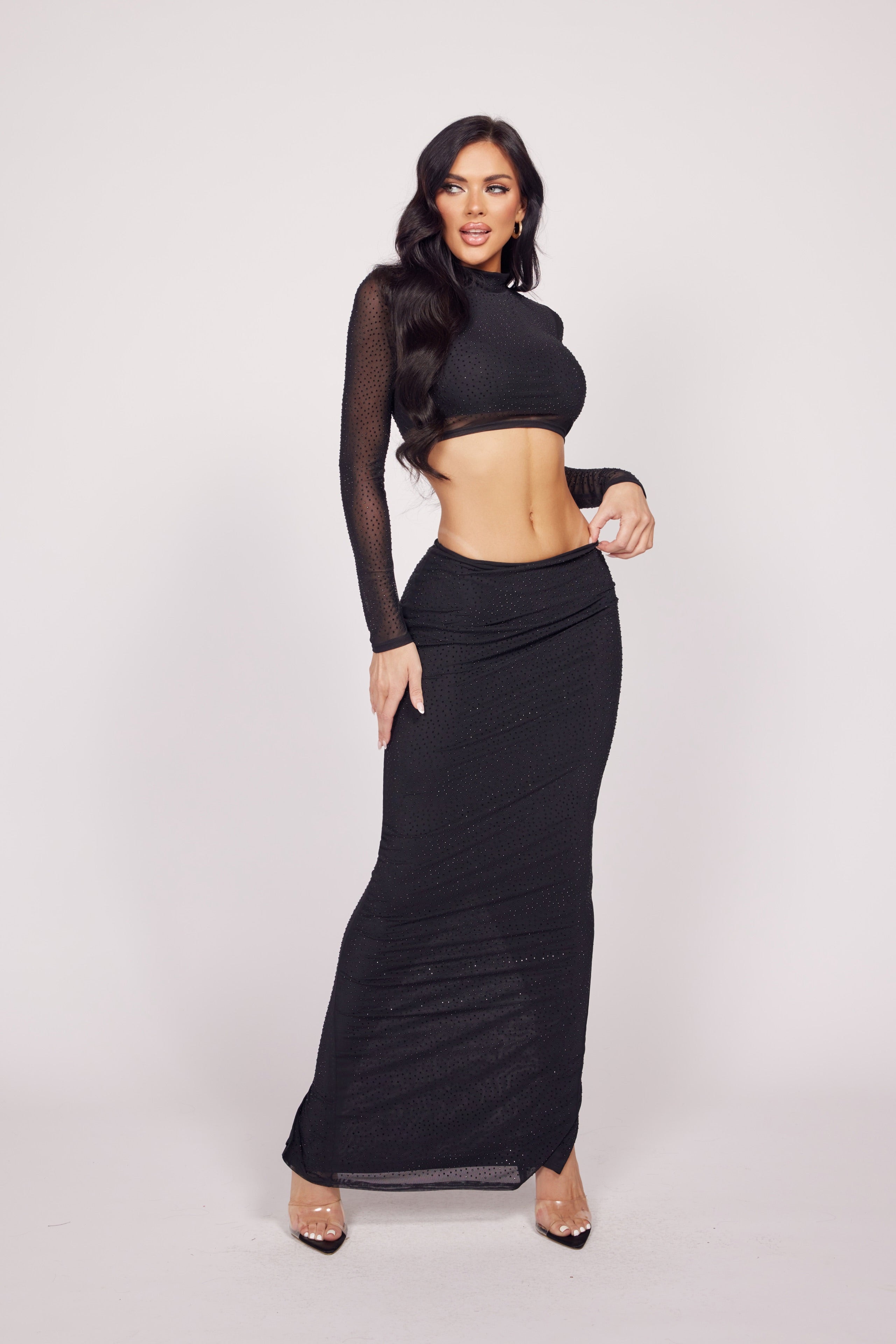 Glam Rhinestone Mesh Skirt Set