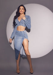 2 Pc Denim Long Sleeve Button Crop and Maxi Skirt Set