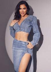 2 Pc Denim Long Sleeve Button Crop and Maxi Skirt Set