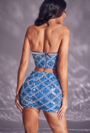 2 Pc Strapless Geometric Sequin Crop and Mini Skirt Set