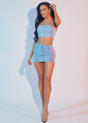 2 Pc Strapless Denim Crop Top and Mini Skirt Set