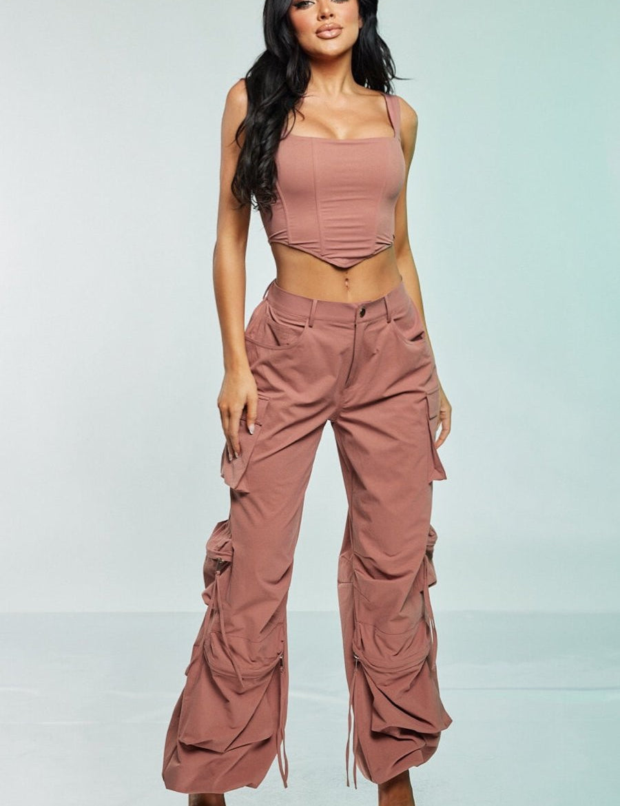 2 Pc Corset Crop Top and Cargo Pant Set