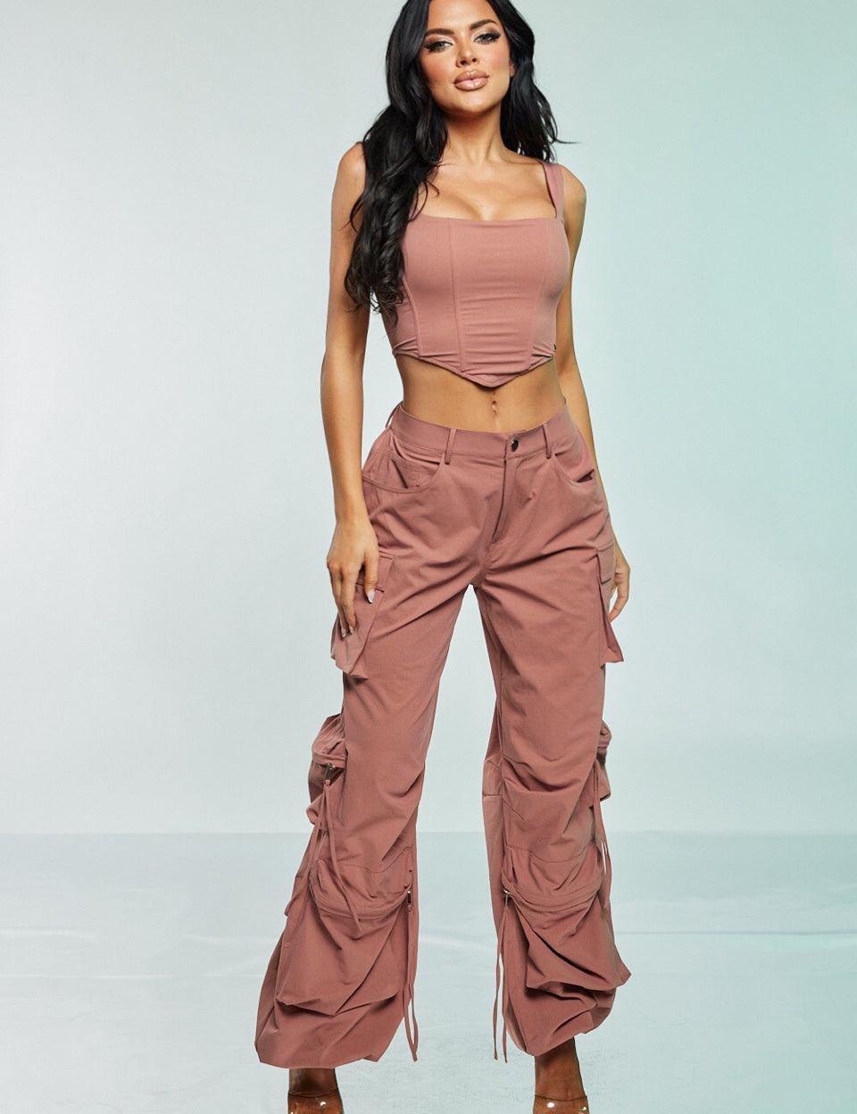 2 Pc Corset Crop Top and Cargo Pant Set