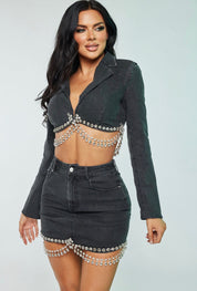 2 Pc Denim Rhinestone Cropped Blazer and Mini Skirt Set