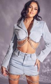 2 Pc Denim Rhinestone Cropped Blazer and Mini Skirt Set