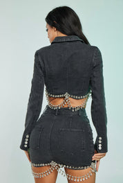 2 Pc Denim Rhinestone Crop Blazer Set