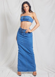 2 Pc Denim Buckle Bra Top and Maxi Skirt Set