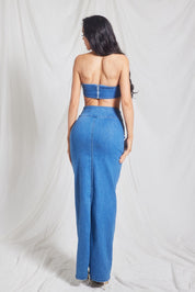 2 Pc Denim Buckle Bra Top and Maxi Skirt Set