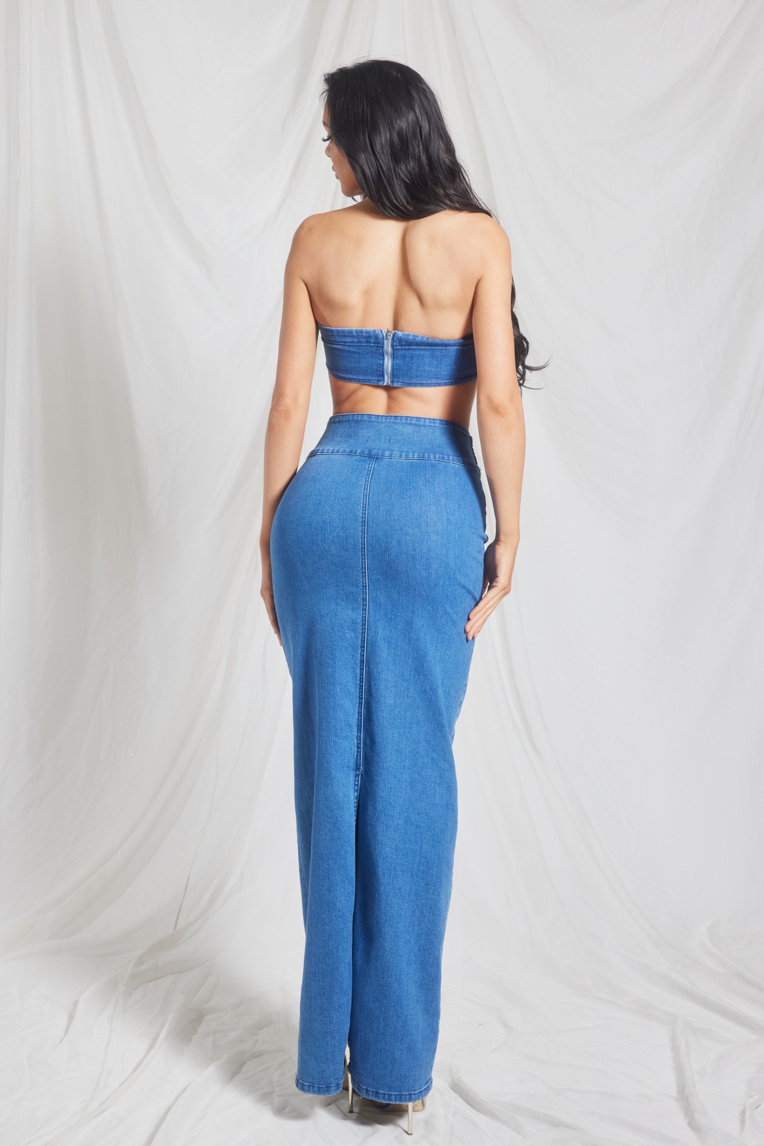 2 Pc Denim Maxi Skirt Set