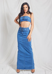 2 Pc Denim Buckle Bra Top and Maxi Skirt Set