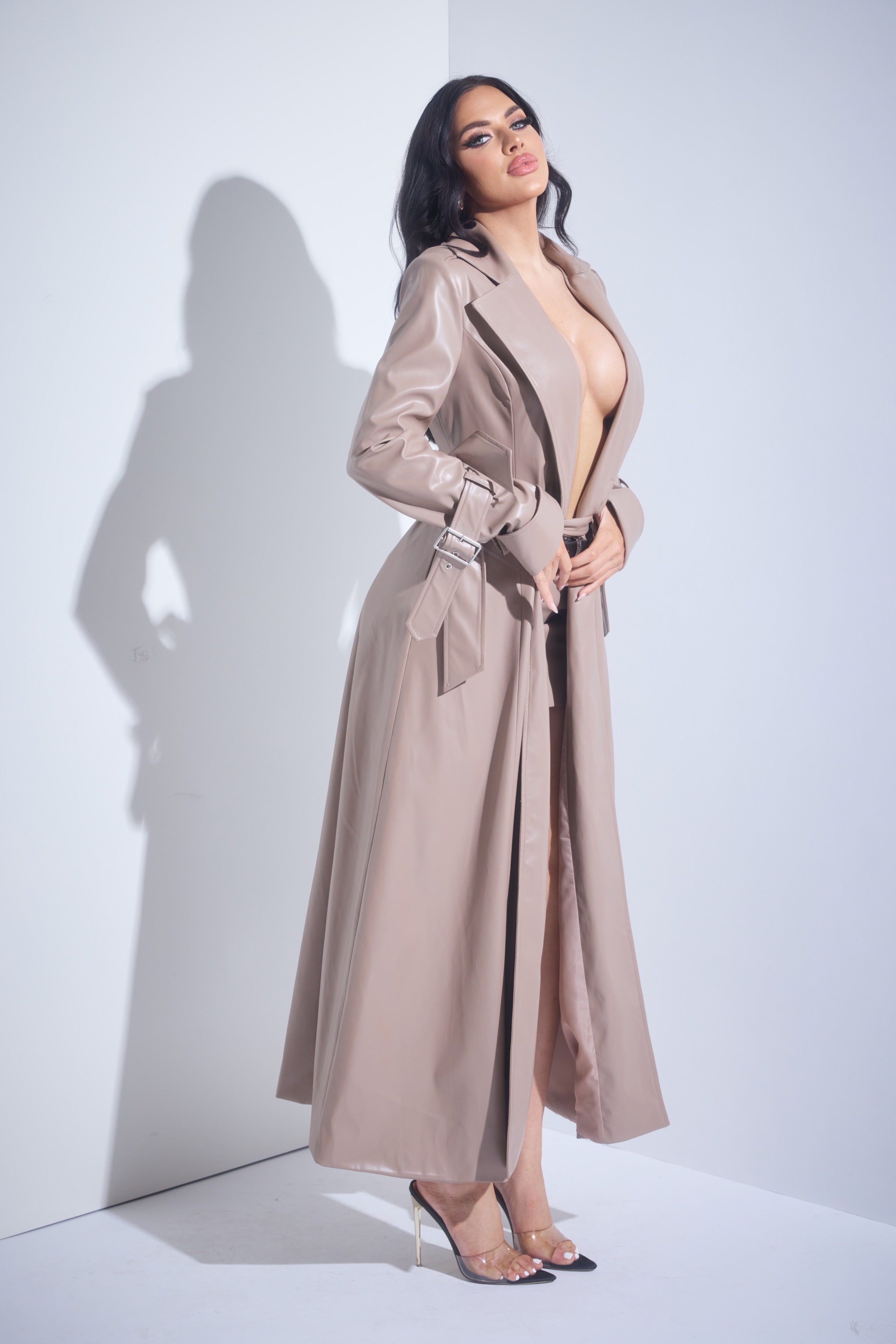 3 Pc Faux Leather Trench Coat Set