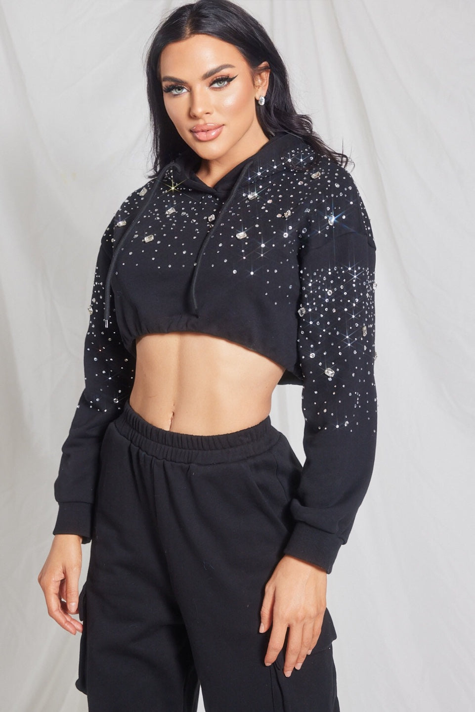 Rhinestone Diamond Cropped Hoodie