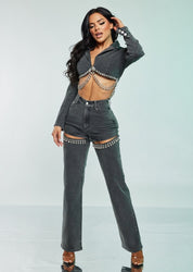 2 Pc Long Sleeve Rhinestone Crop Blazer and Rhinestone Cutout Denim  Set